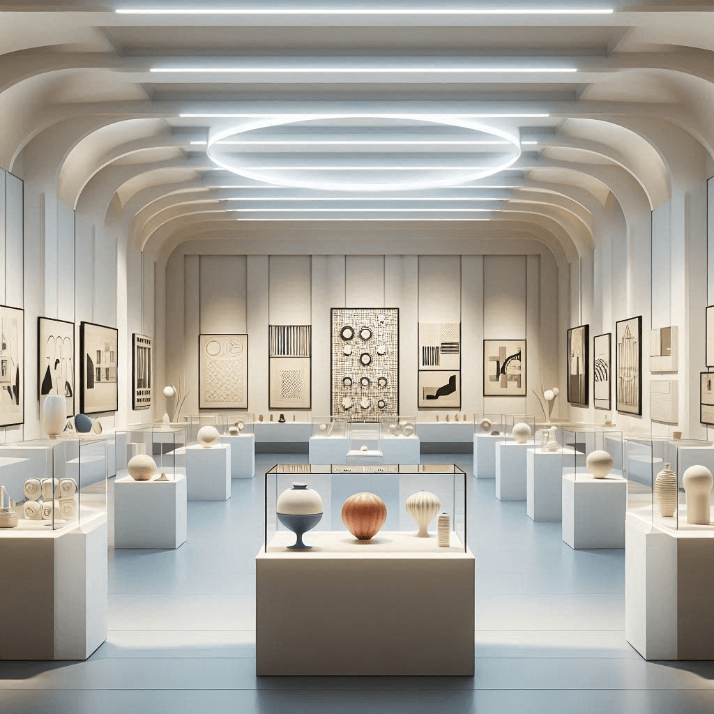 A panoramic illustration of a gallery interior showcasing 20th-century art and applied design. The g