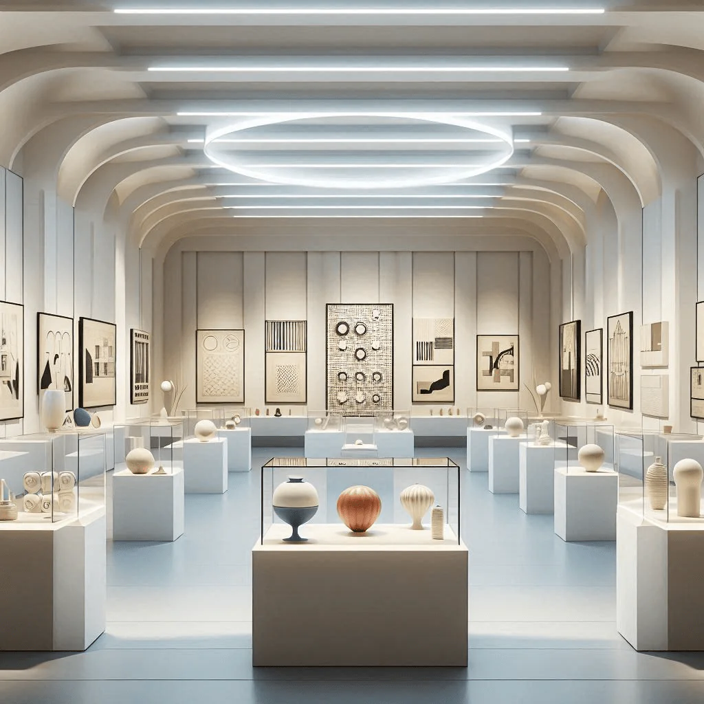 A panoramic illustration of a gallery interior showcasing 20th-century art and applied design. The g
