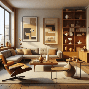 A stylish modern living room from the 1960s, featuring mid-century modern furniture, warm wood tones
