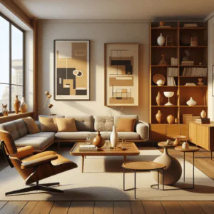 A stylish modern living room from the 1960s, featuring mid-century modern furniture, warm wood tones