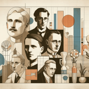 An artistic and elegant illustration featuring stylized portraits of 20th-century artists and design