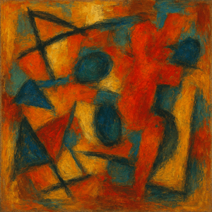 FormaArte20: Abstracte compositie geïnspireerd door Will Leewens (1923–1986), met dynamische vormen en contrasterende kleuren in de stijl van de Nieuwe Haagse School.