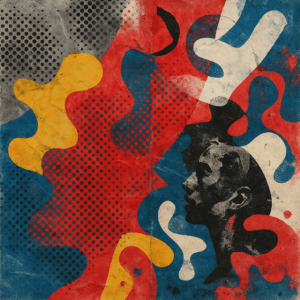 Originele compositie geïnspireerd door Sigmar Polke, met rasterpunten, contrasterende kleuren en experimentele texturen