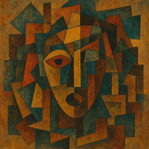 De afbeelding in de stijl van Pieter Ouborg met kubistische invloeden