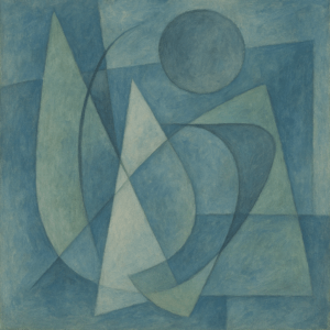 Origineel kunstwerk geïnspireerd door Youla Chapoval, lyrisch abstract met koele kleuren en geometrische vormen.