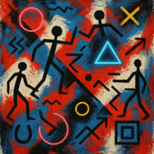 Originele abstracte compositie geïnspireerd door A.R. Penck, met stokfiguren, symbolen en expressieve kleuren.