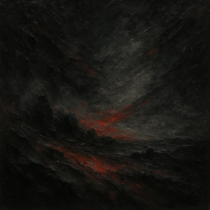 Originele abstracte compositie geïnspireerd door Armando, met donkere tinten, rode accenten en krachtige penseelstreken.