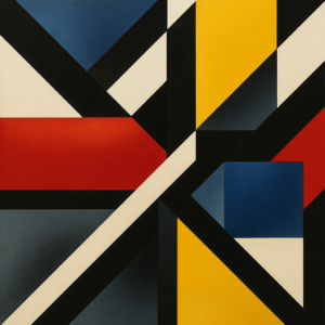 Originele abstracte compositie geïnspireerd door Guy Vandenbranden, met geometrische vormen en primaire kleuren.