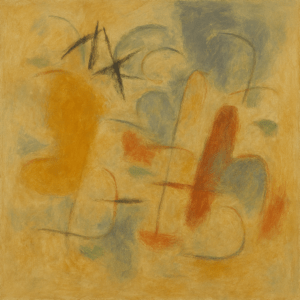 Originele abstracte compositie geïnspireerd door Jaap Nanninga, met aardetinten, lyrische vormen en expressieve penseelstreken.