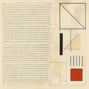 Originele compositie geïnspireerd door Hanne Darboven, met repetitieve cijfers, lijnen en subtiele kleuraccenten in conceptuele stijl.