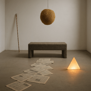 Originele compositie geïnspireerd door Joseph Beuys, met vilt, koper en symbolische elementen in een minimalistische ruimte