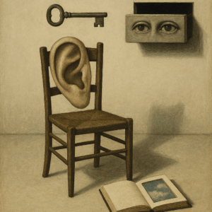 Originele compositie geïnspireerd door Marcel Mariën, met surrealistische objecten en poëtische, ironische details