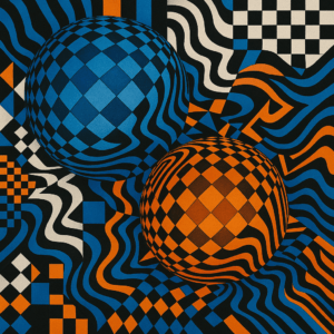 Originele compositie geïnspireerd door Victor Vasarely, met geometrische patronen, optische illusies en contrasterende kleuren
