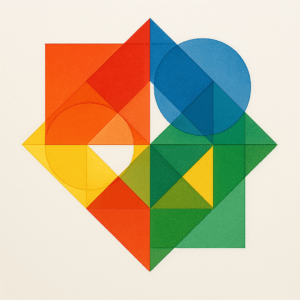 Originele geometrische compositie geïnspireerd door Max Bill, met kleurrijke vierkanten en cirkels in strakke, symmetrische vormen