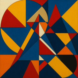 Een abstracte afbeelding in de stijl van Pieter de Haard, met felle kleuren, driehoekjes en gebaseerd op de gulden snede